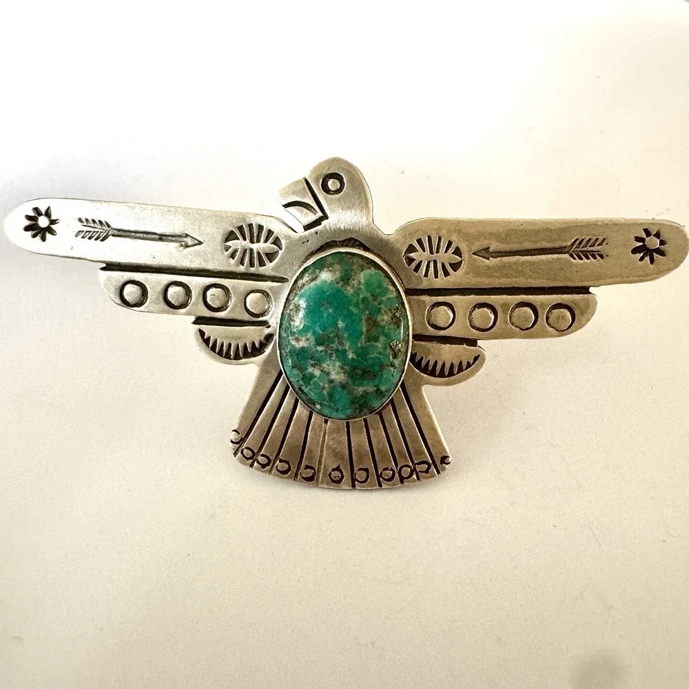 HUGE Navajo Turquoise Thunderbird Ring Sz 8 Stamped Sterling Silver Signed James